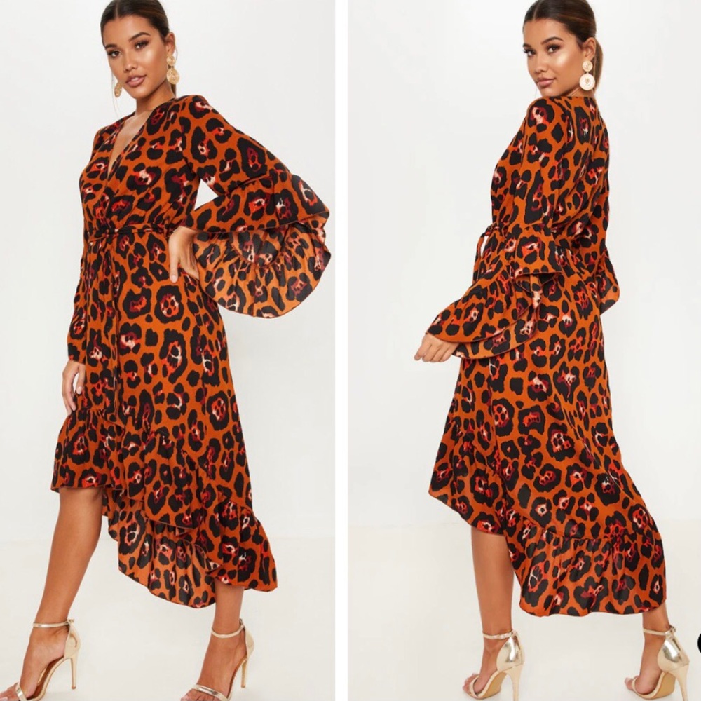 PrettyLittleThing Leopard Print Ruffle Wrap Dress